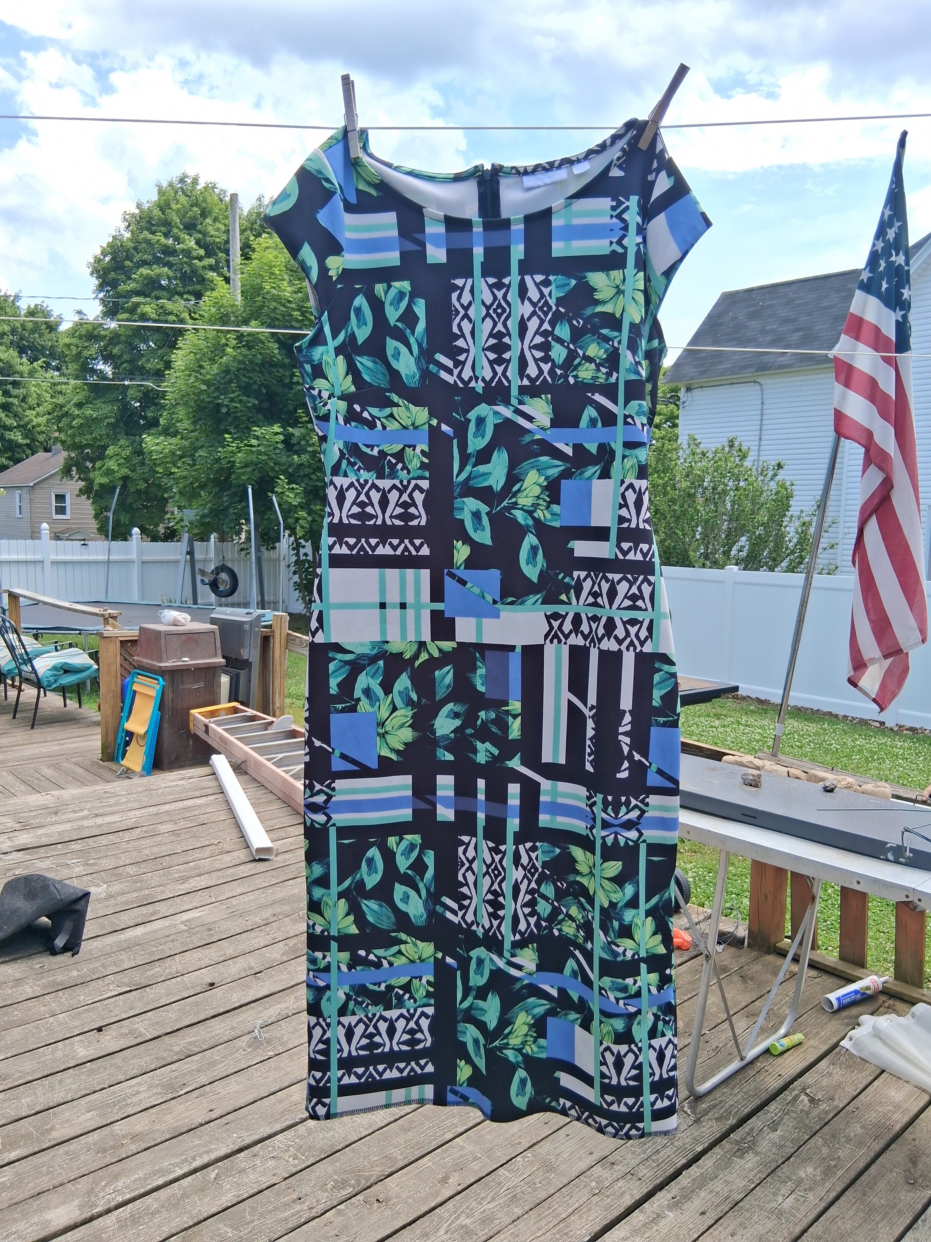 New York & Company Teal, Blue & Black Geometric Leaf Midi Dress